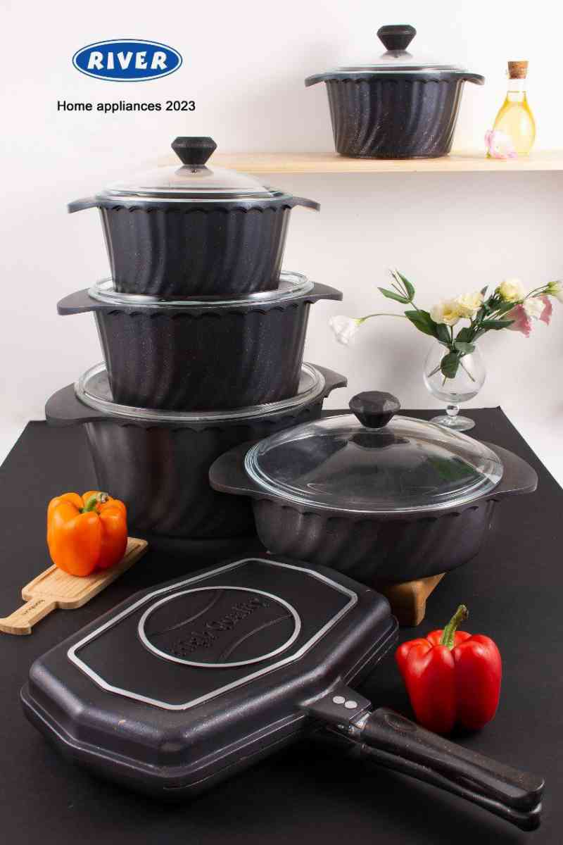 river3789 قابلمه های ۱۲پارچه مشکی دورو تفلون گرانیت برند ریور کد3789