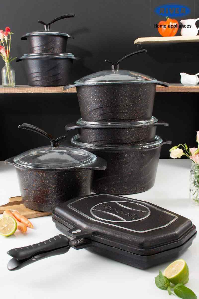 riverservice قابلمه های ۱۴پارچه دورو تفلون گرانیت مشکی برند ریور کد 3797