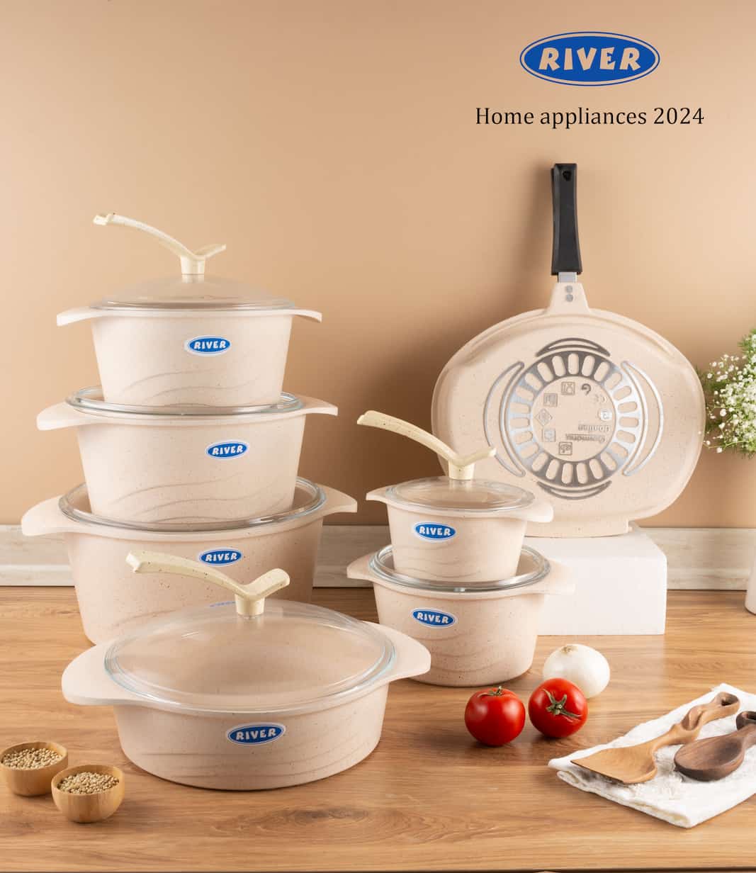 riverservice2 قابلمه های ۱۴پارچه دورو تفلون گرانیت کرم برند ریور کد3802