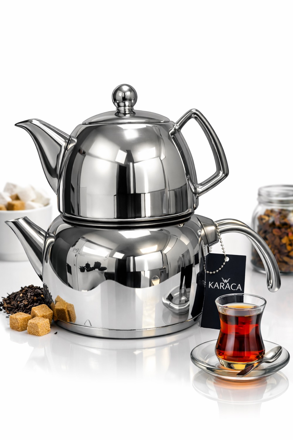 karacateas کتری و قوری کاراجا ۳ لیتری + قوری ۱ لیتری | مدل نقرهای